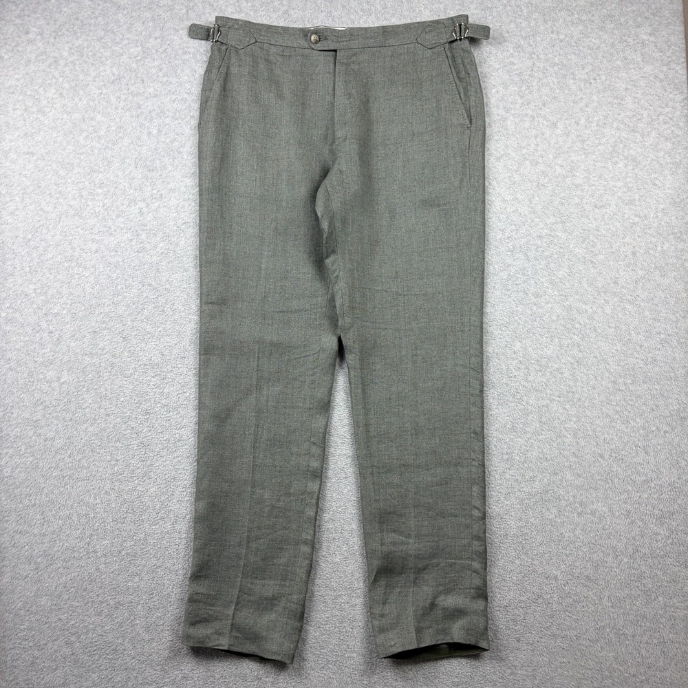 Suitsupply Pants Mens 34x32 Green Brescia Pure Linen Dress Trouser Side Adjuster - Picture 1 of 8